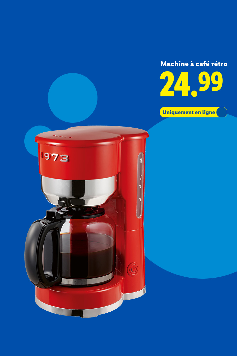 Cafetière rétro rouge avec carafe en verre, affichant le prix de 24,99 € et la mention 'Uniquement en ligne'.