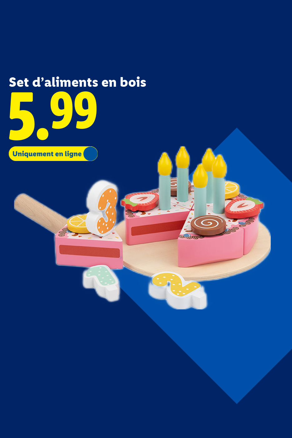 Set d'aliments en bois : gâteau d'anniversaire avec bougies et chiffres, 5,99 € en ligne.