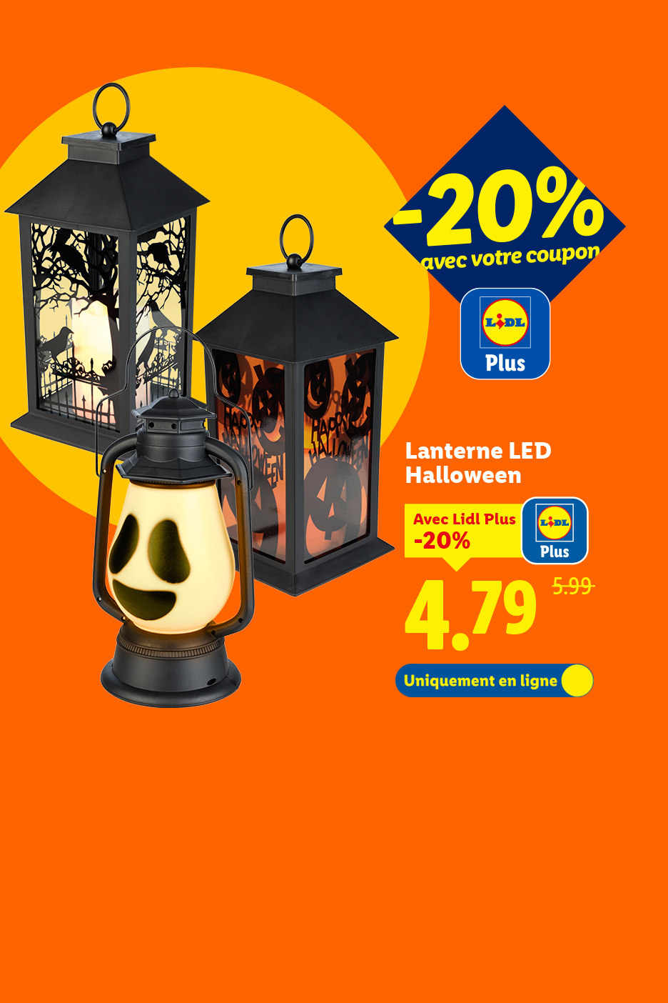 Trois lanternes LED d'Halloween, dont une avec un visage de citrouille, et une offre Lidl Plus de -20%.
