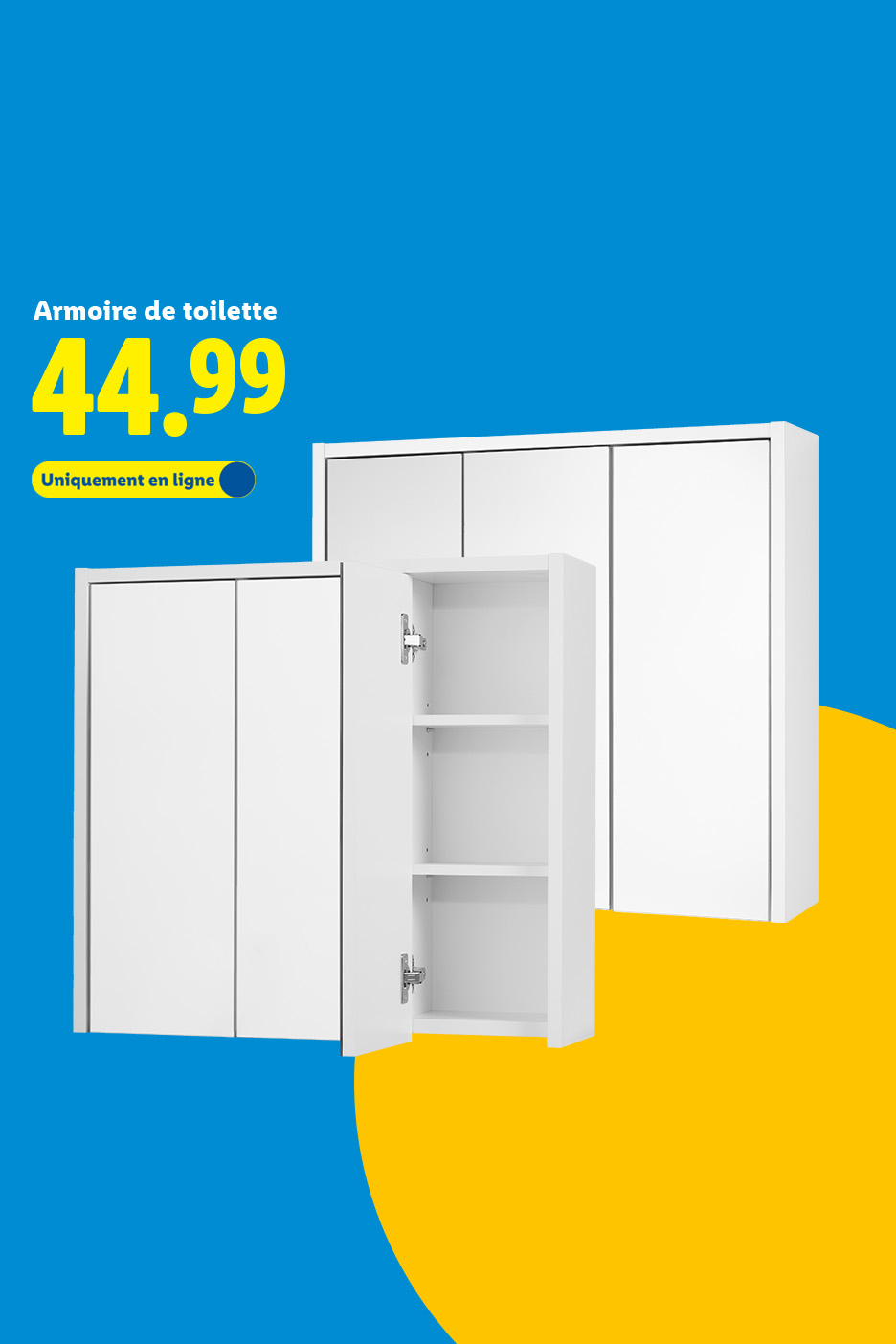 Armoire de toilette blanche à 44.99€, disponible uniquement en ligne.