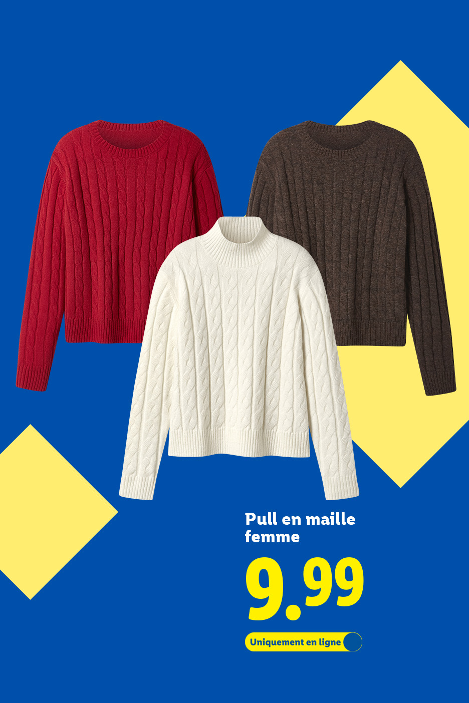 Trois pulls en maille pour femme (rouge, blanc, marron) sur fond bleu et jaune, prix 9,99€.