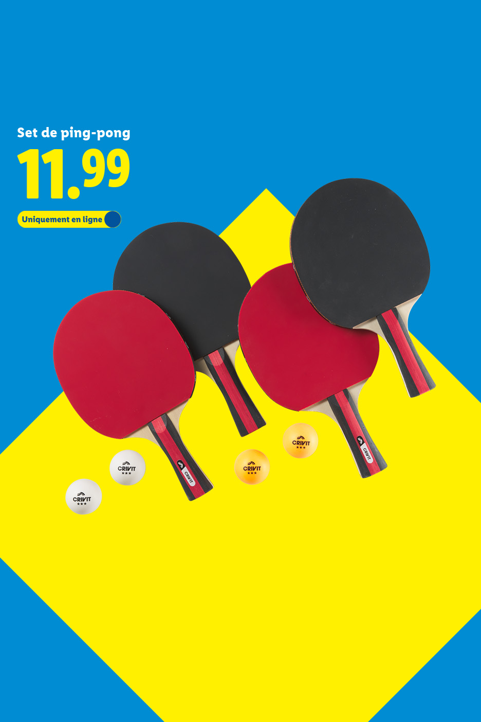 Set de ping-pong Crivit avec 4 raquettes et 6 balles, affiché à 11,99 €.