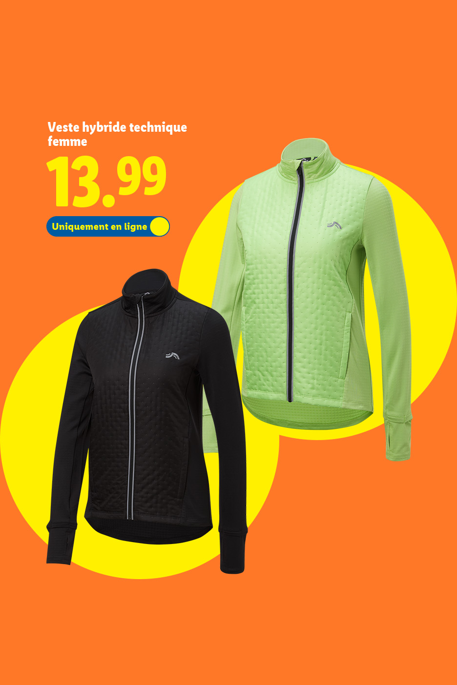 Vestes hybrides techniques pour femme, noire et vert clair, à 13,99€, disponibles en ligne.