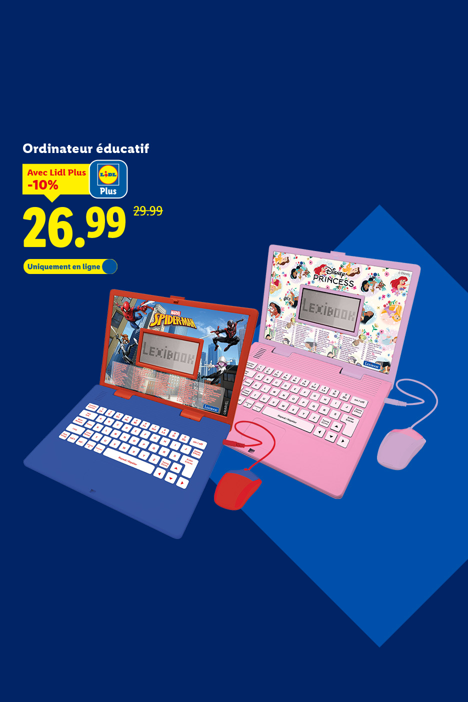 Ordinateurs éducatifs Lexibook Spider-Man et Disney Princess, disponibles en ligne chez Lidl.