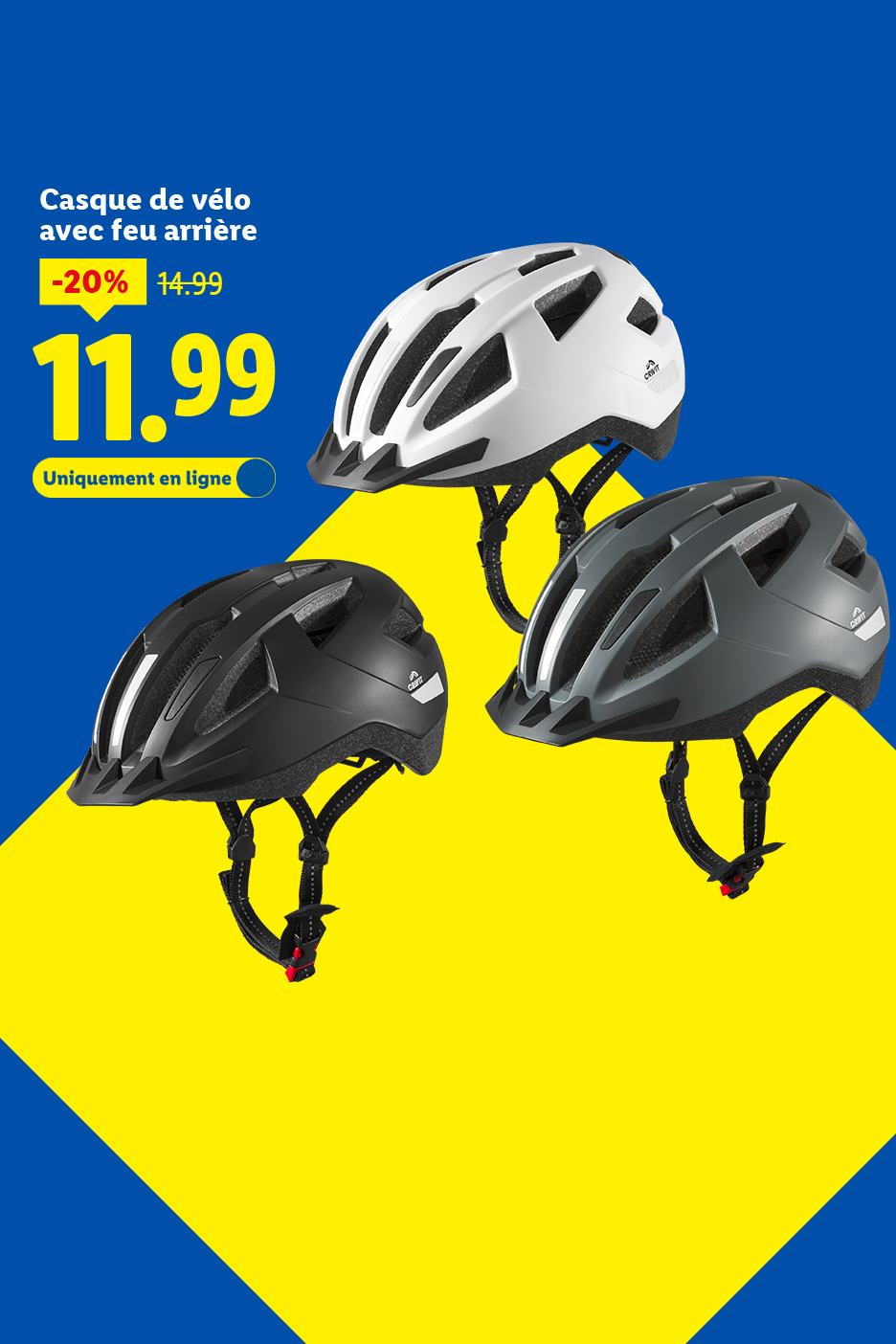 Casques de vélo Crivit en blanc, noir et gris, avec une offre de -20% à 11,99€.
