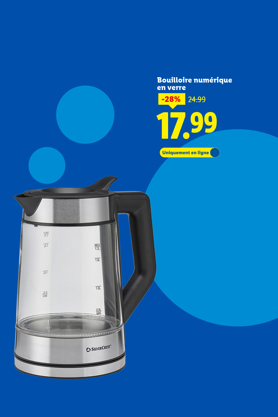 Bouilloire numérique en verre Silvercrest, en promotion à 17.99€.