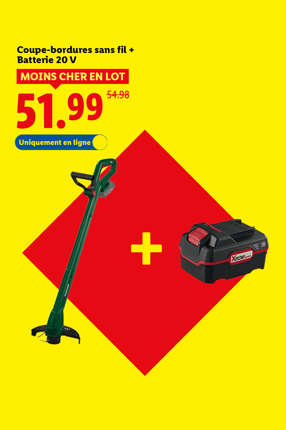 Coupe-bordures sans fil Parkside avec batterie 20V, prix réduit à 51,99€ au lieu de 54,98€.