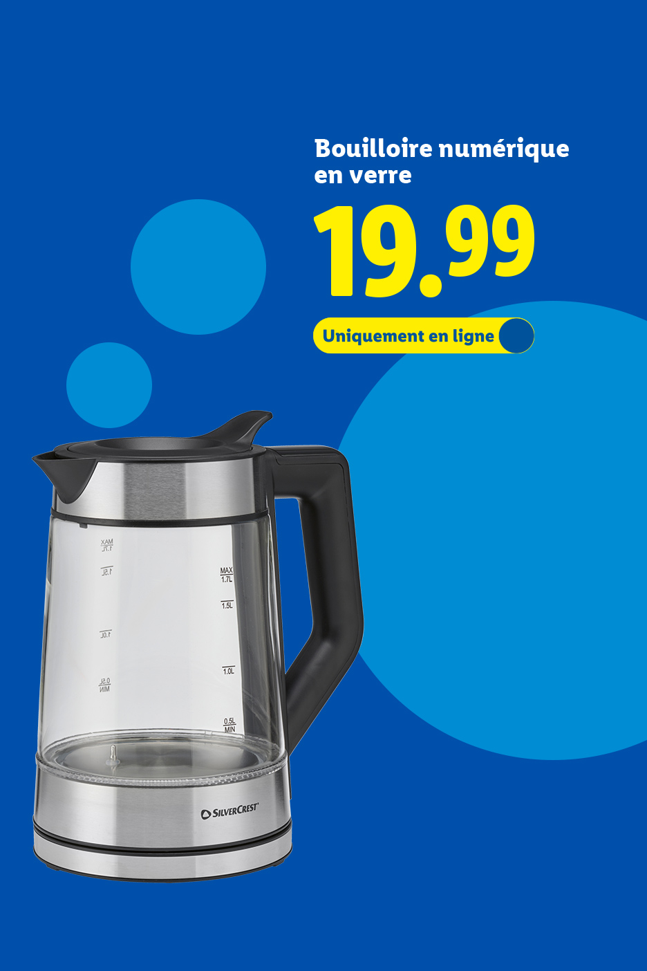 Bouilloire numérique en verre Silvercrest à 19,99 €, disponible uniquement en ligne.