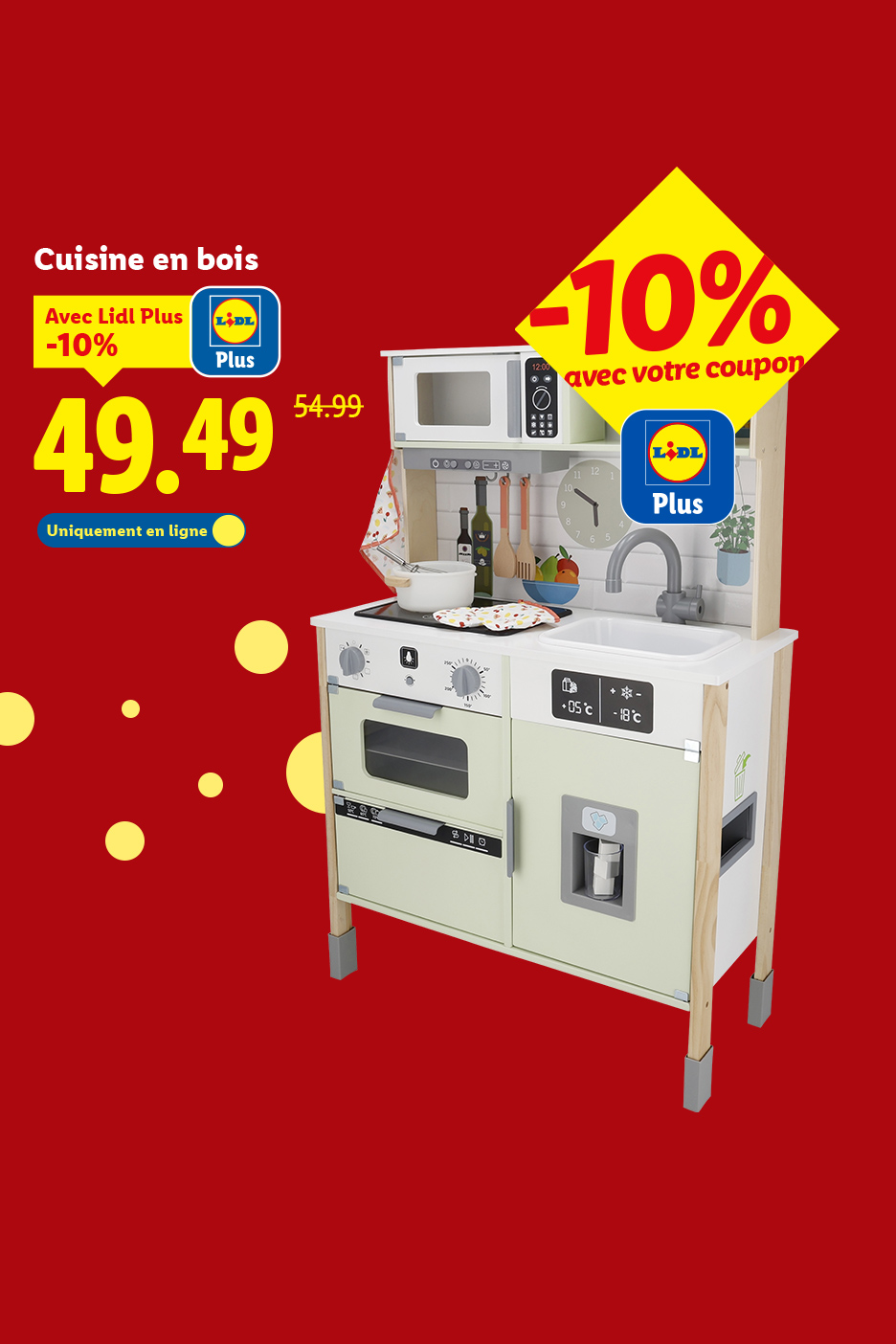 Cuisine en bois pour enfants, avec une réduction de 10% pour les membres Lidl Plus, prix final 49.49€.