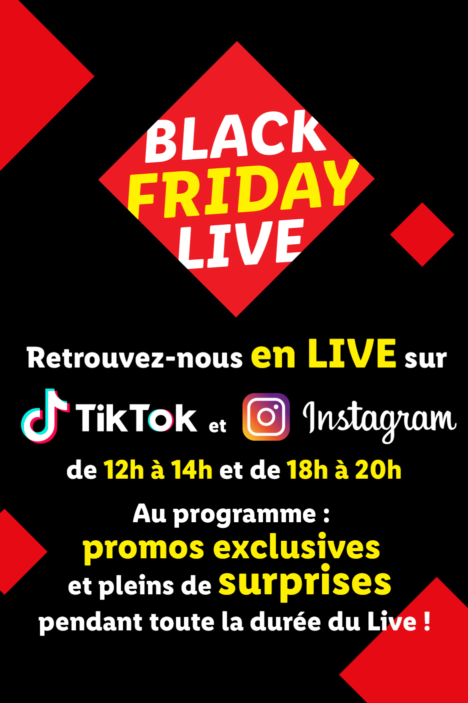 Annonce Black Friday Live sur TikTok et Instagram avec promotions et surprises.