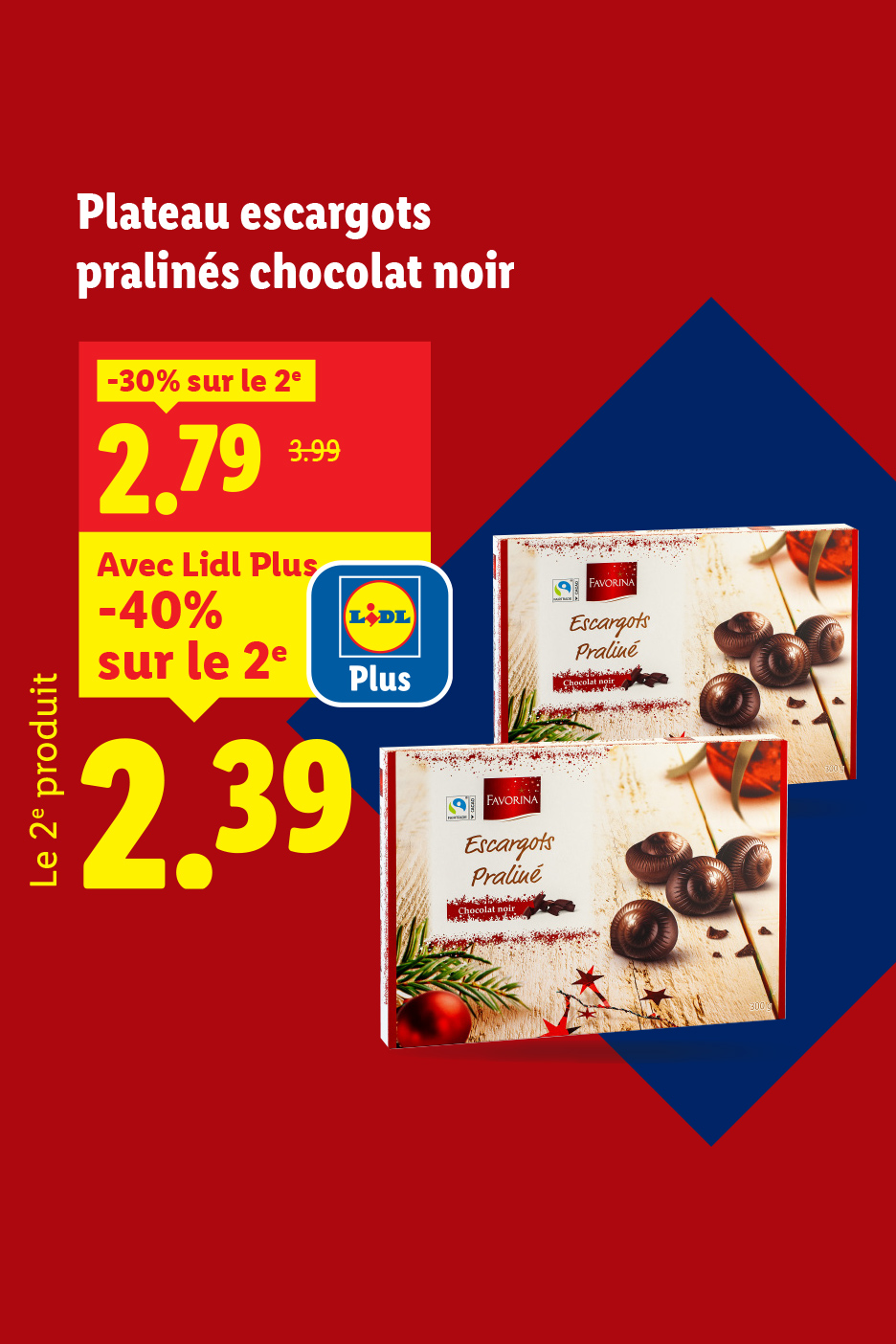 Plateau d'escargots pralinés chocolat noir Favorina, avec des réductions de 30% et 40% avec Lidl Plus.