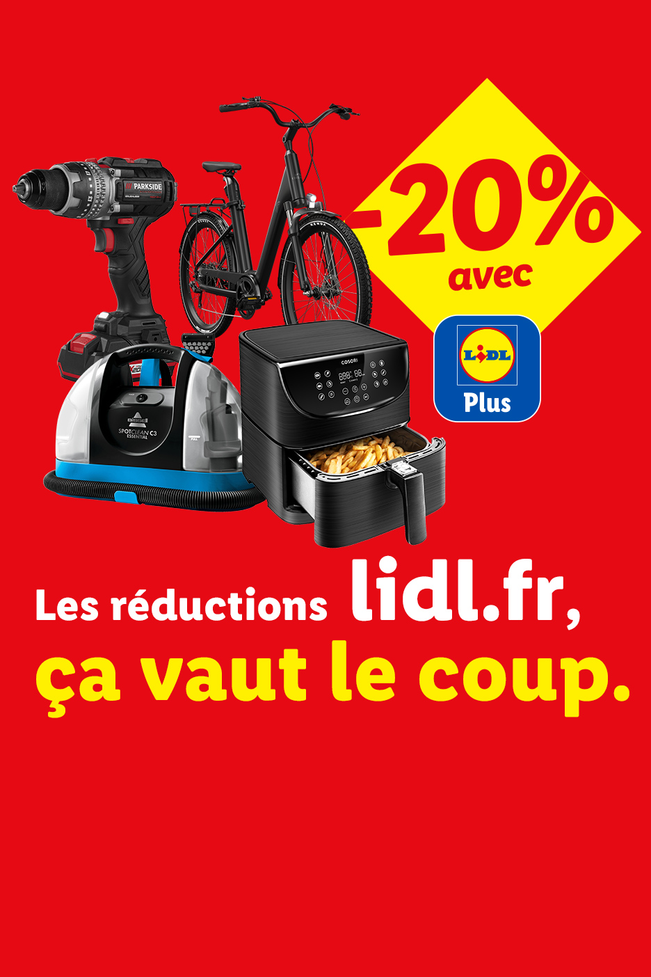 Publicité Lidl avec perceuse PARKSIDE, nettoyeur de taches, friteuse à air, vélo et -20% avec Lidl Plus.