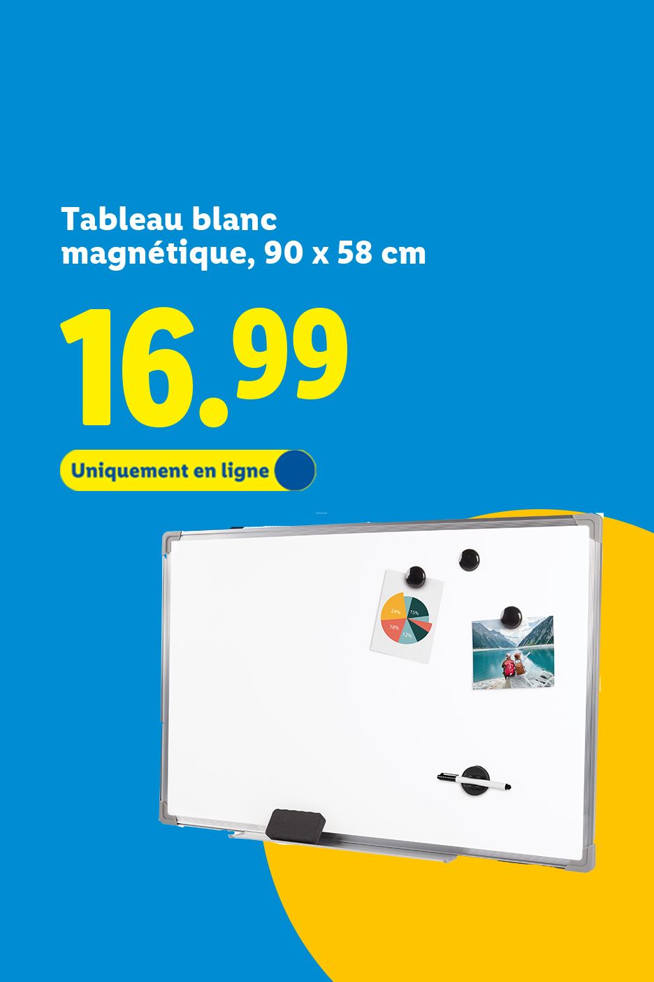Tableau blanc magnétique 90x58 cm à 16,99 €, disponible en ligne.