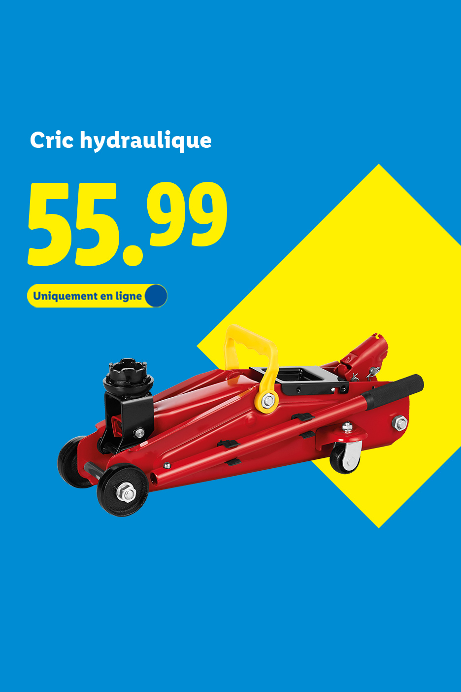Cric hydraulique rouge à 55,99 €, disponible uniquement en ligne.