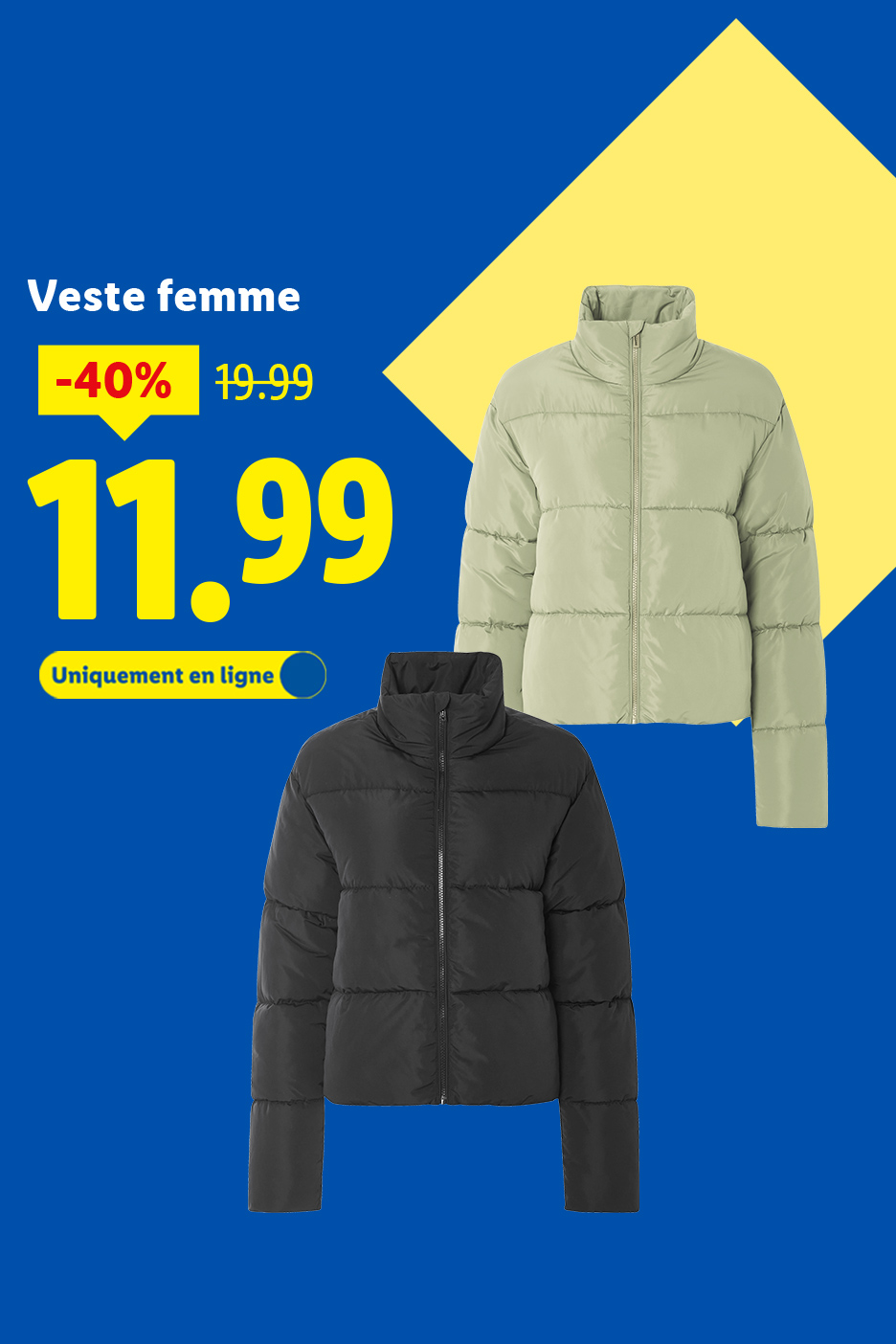 Doudoune femme noire et verte, en promotion à 11,99€ au lieu de 19,99€, disponible uniquement en ligne.