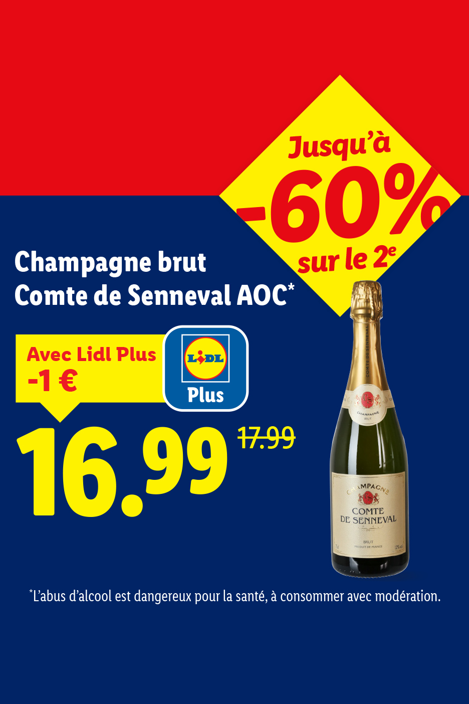 Champagne brut Comte de Senneval AOC à 16,99€ avec Lidl Plus, soit -1€, et jusqu'à -60% sur le 2e.