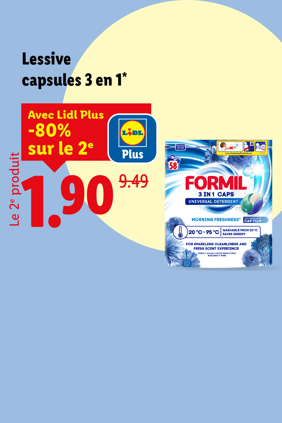 Publicité Lidl pour les capsules de lessive Formil 3 en 1, avec une réduction de 80% sur le deuxième produit.