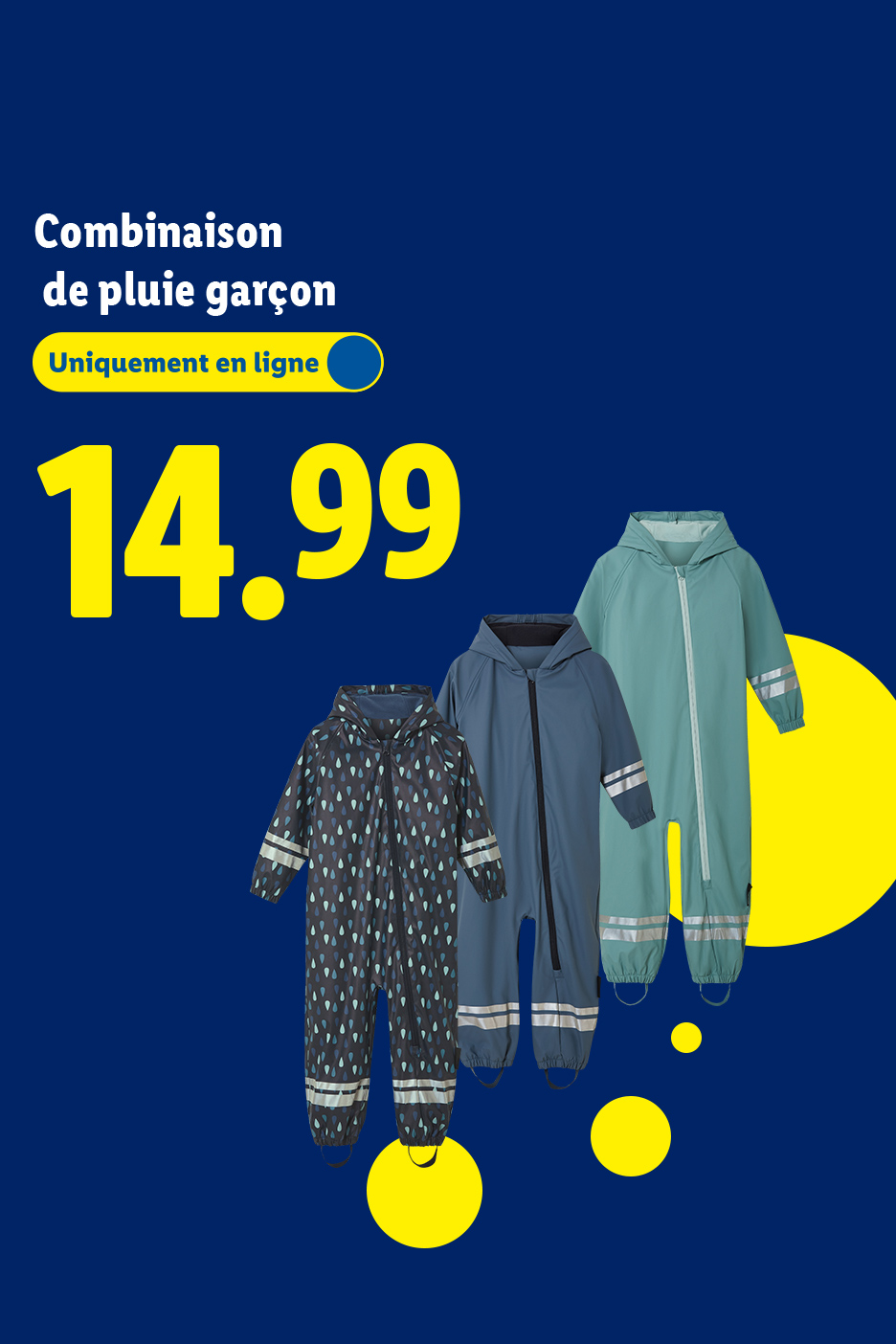 Combinaison de pluie garçon, disponible en ligne pour 14,99 €.