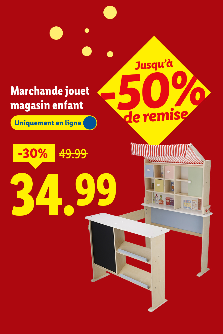 Un stand de marché pour enfants en bois avec des réductions allant jusqu'à -50%.