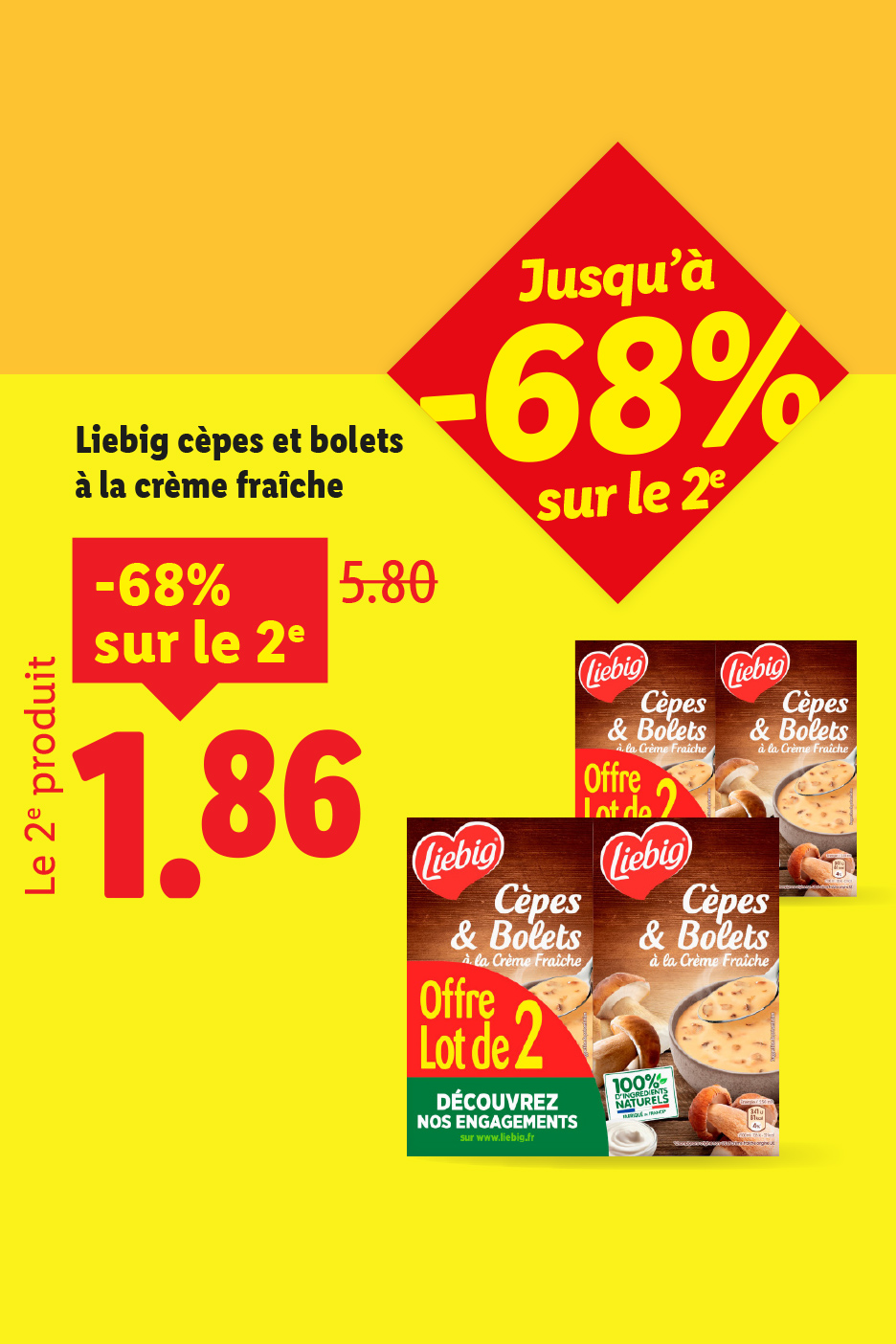 Publicité Liebig pour des cèpes et bolets à la crème fraîche, avec une offre de -68% sur le 2e produit.