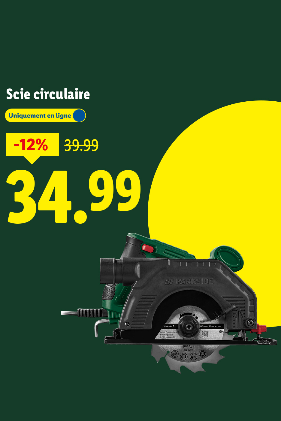 Scie circulaire Parkside, disponible en ligne, à 34,99 € au lieu de 39,99 €.