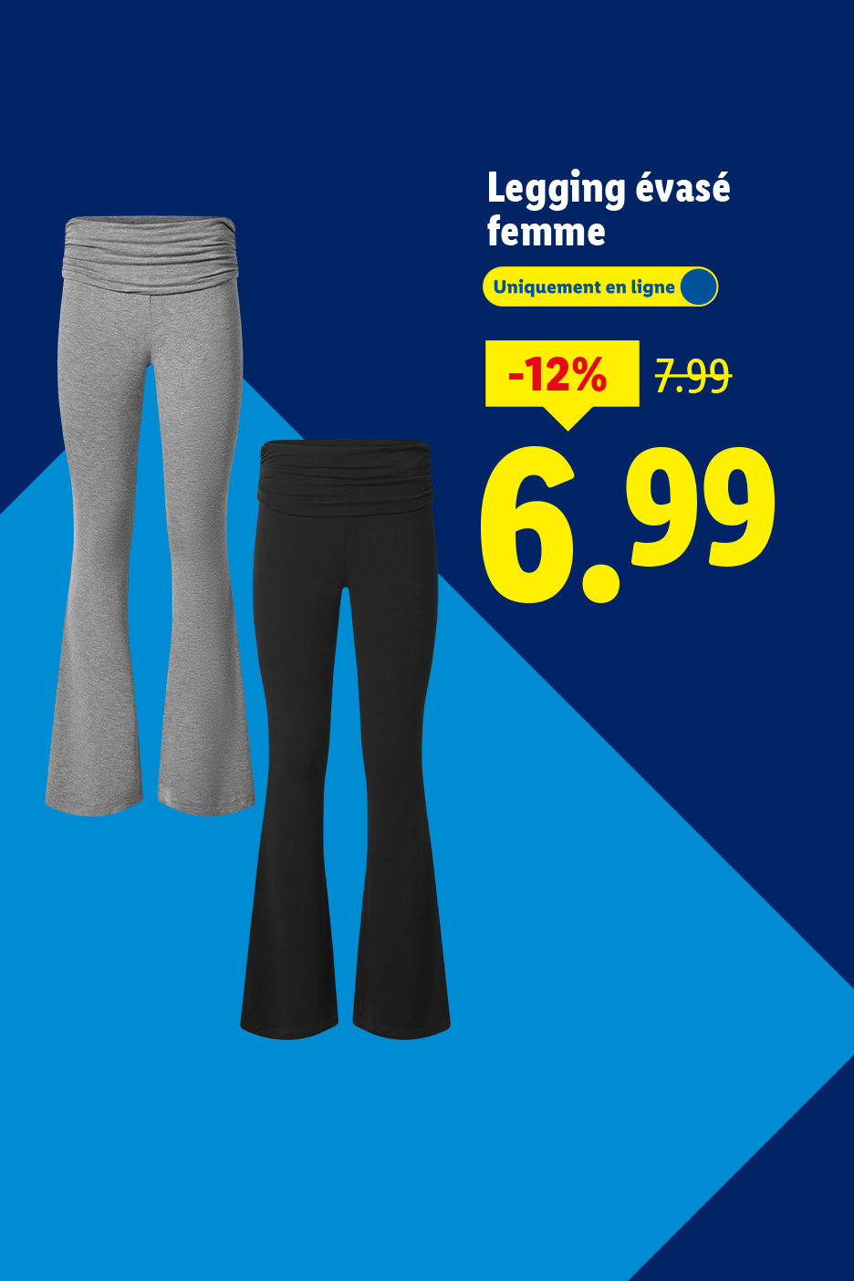 Legging évasé femme gris et noir, en ligne, -12% à 6.99€ au lieu de 7.99€.