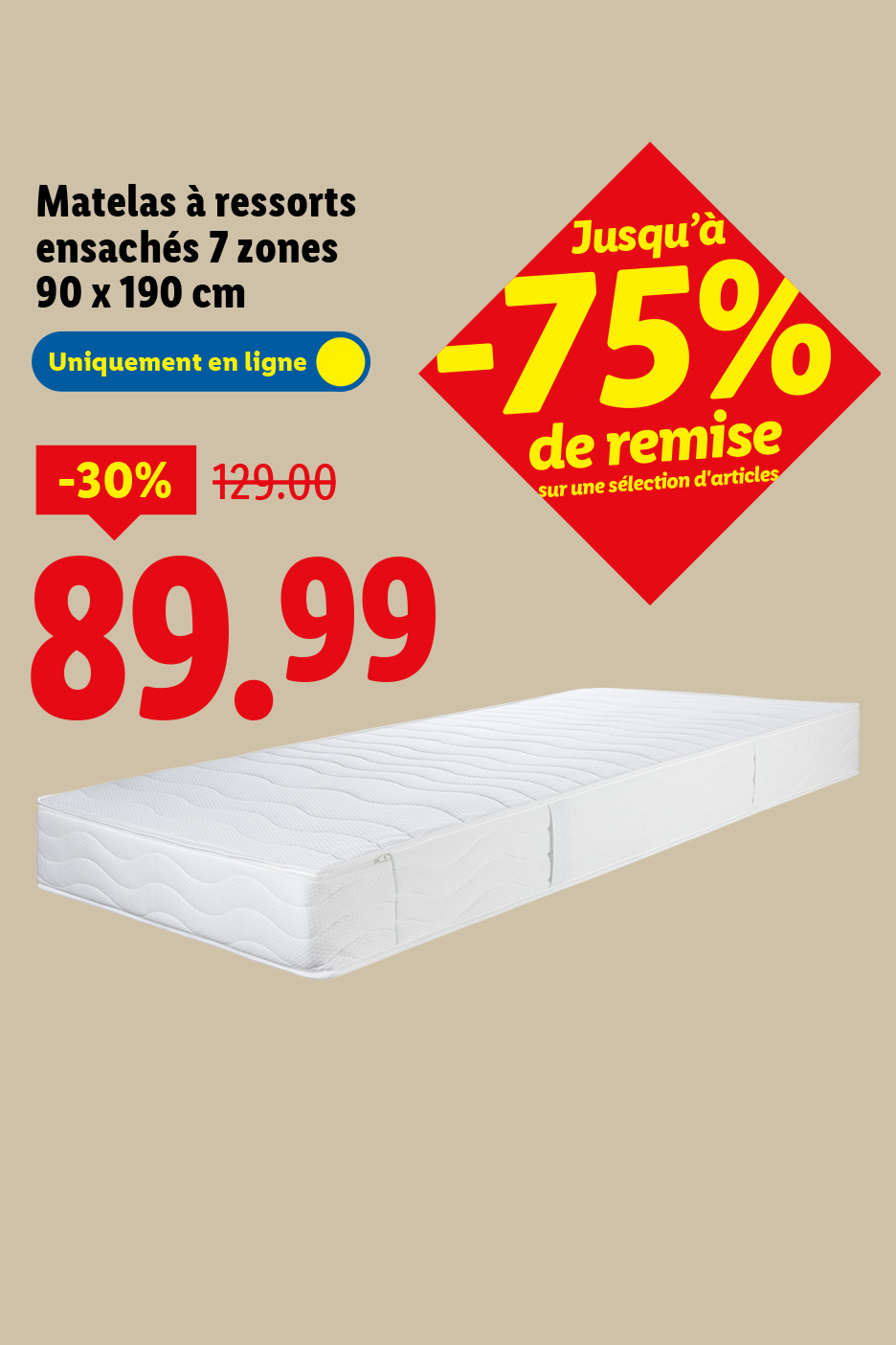 Matelas à ressorts ensachés 7 zones 90x190 cm, en ligne, avec 30% de réduction, prix final 89.99€.