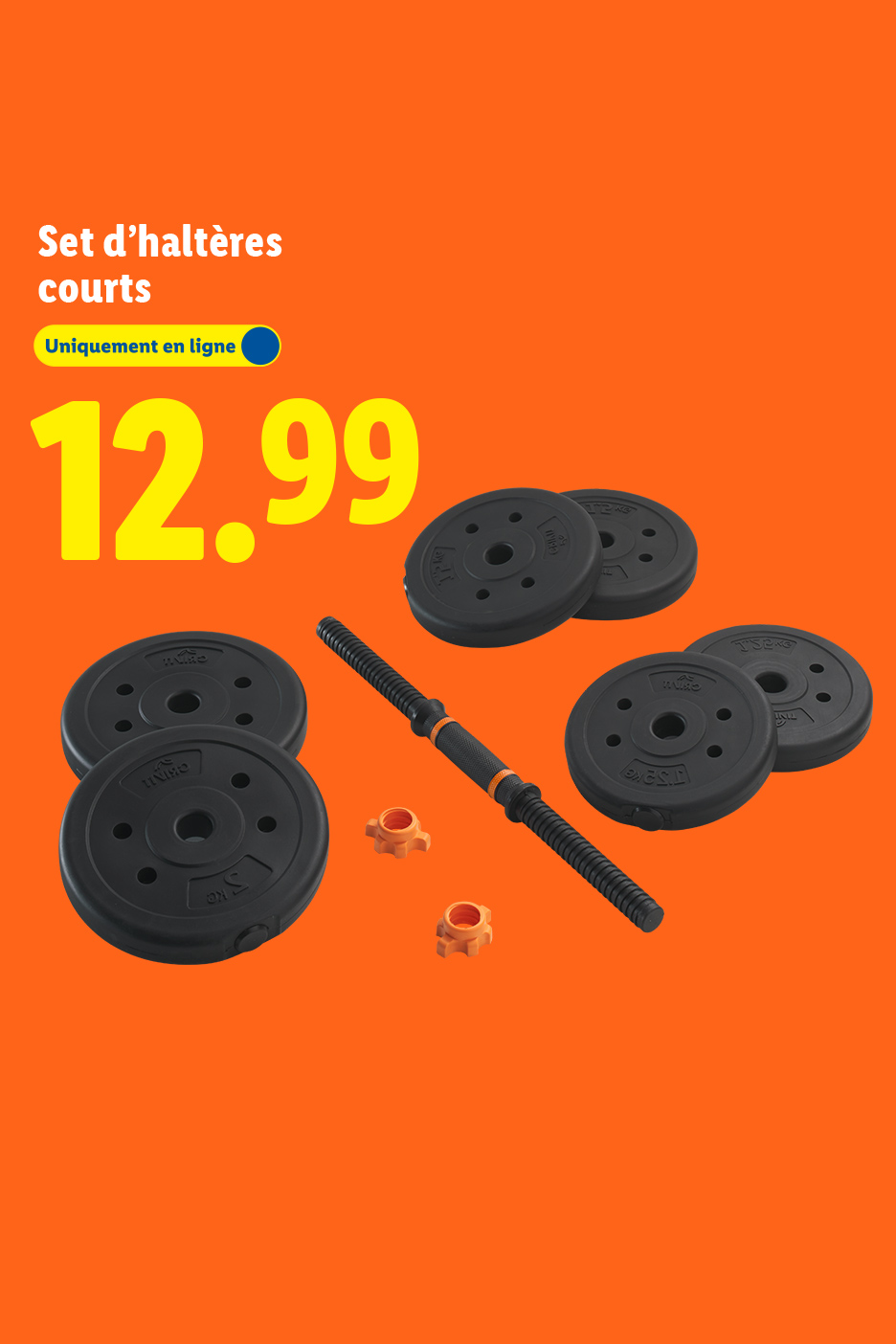 Set d'haltères courts avec disques de poids noirs et barre orange, affiché à 12,99 €.