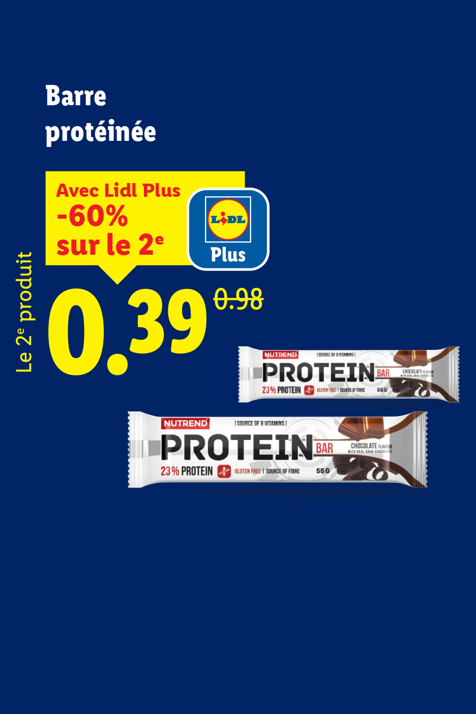 Barre protéinée Nutrend au chocolat, 23% de protéines, sans gluten, avec une offre Lidl Plus.