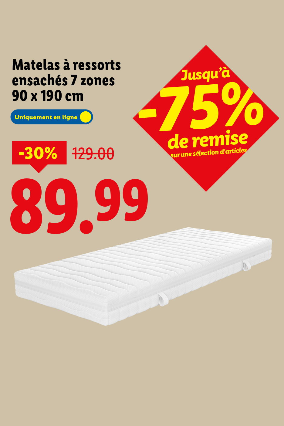 Matelas à ressorts ensachés 7 zones 90x190 cm, en ligne, à 89,99€ (-30%), avec jusqu'à -75% de remise.
