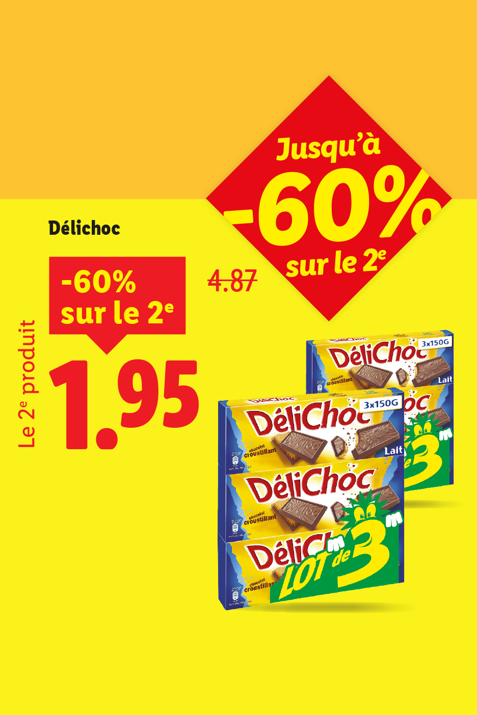Publicité pour Délichoc avec une réduction de 60% sur le deuxième produit.