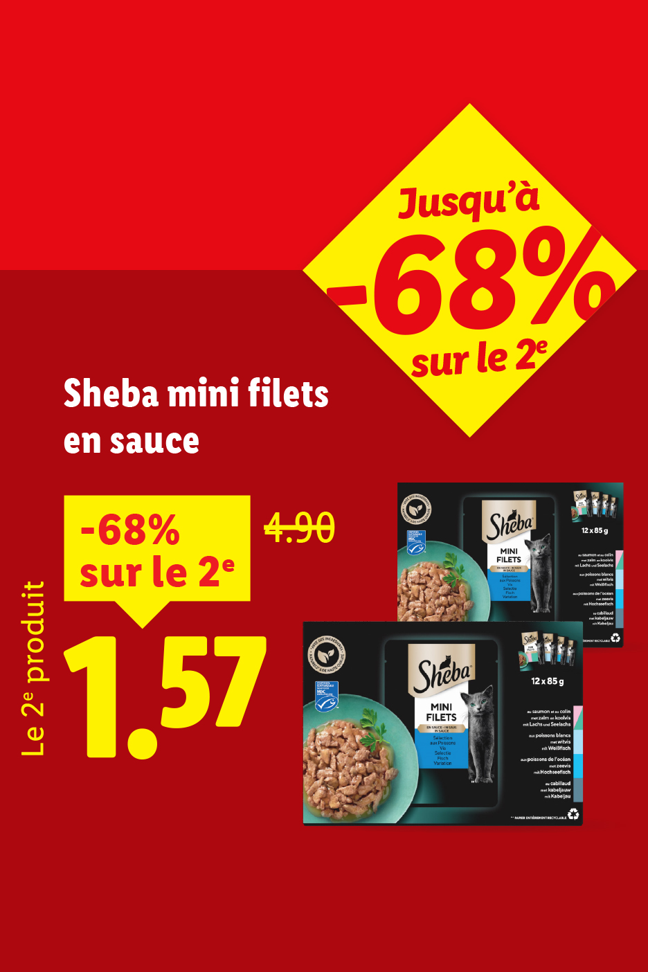 Publicité Sheba mini filets en sauce, avec une réduction de 68% sur le 2ème produit.