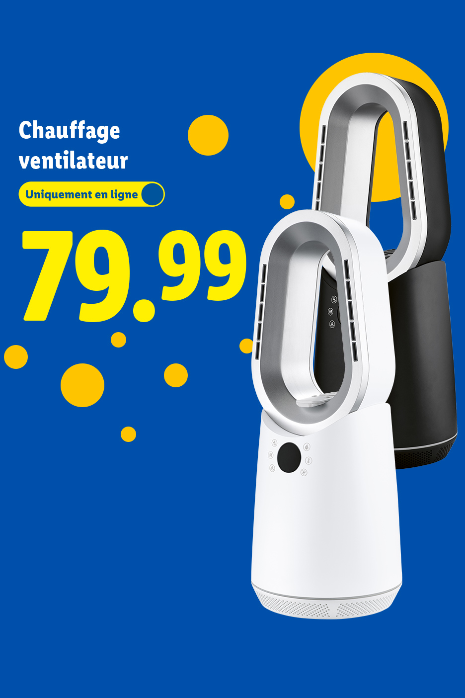 Chauffage ventilateur blanc et noir, prix 79.99, disponible uniquement en ligne.