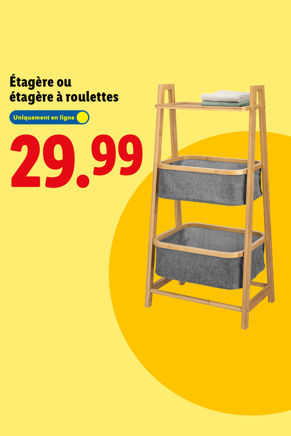 Étagère ou étagère à roulettes en bambou avec paniers en tissu gris, 29,99 €.