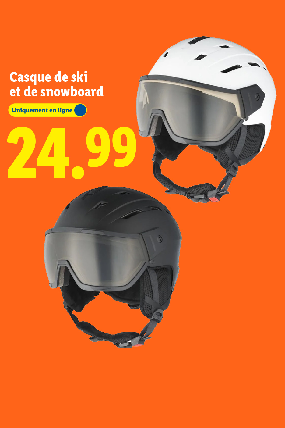 Casques de ski et de snowboard, blanc et noir, avec visière, à 24,99 €.
