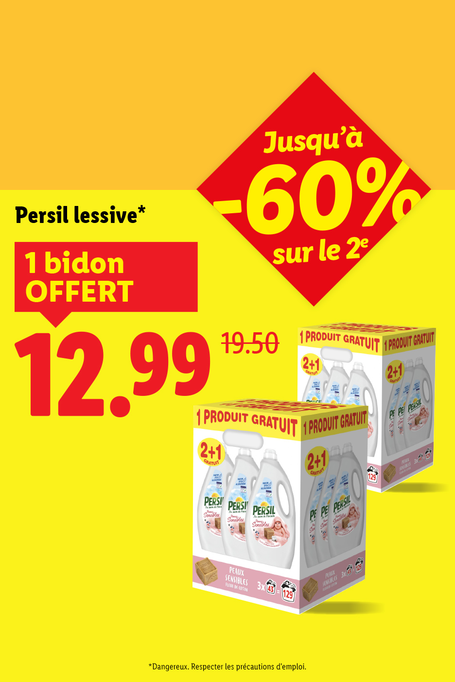 Publicité pour la lessive avec une offre 2+1 gratuit et jusqu'à -60% sur le 2ème produit.