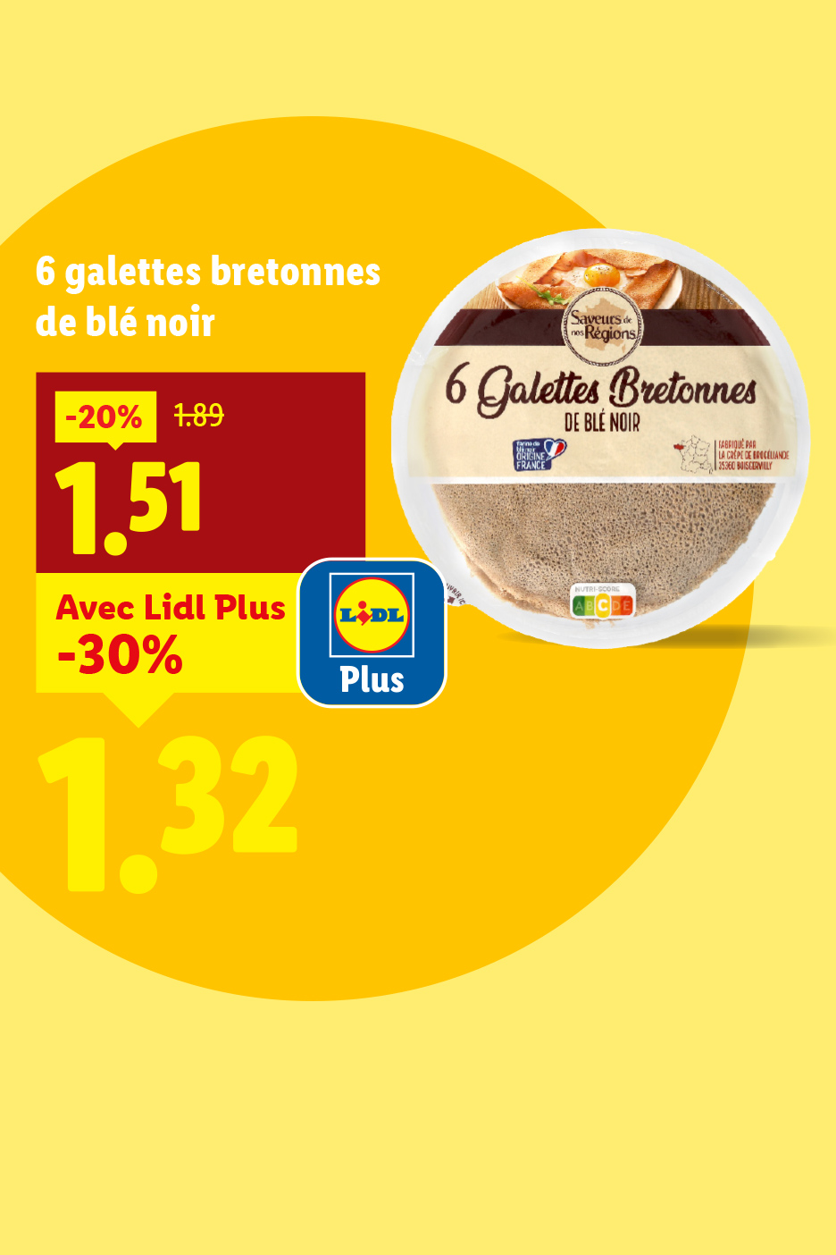 Paquet de 6 galettes bretonnes de blé noir avec des réductions de prix.