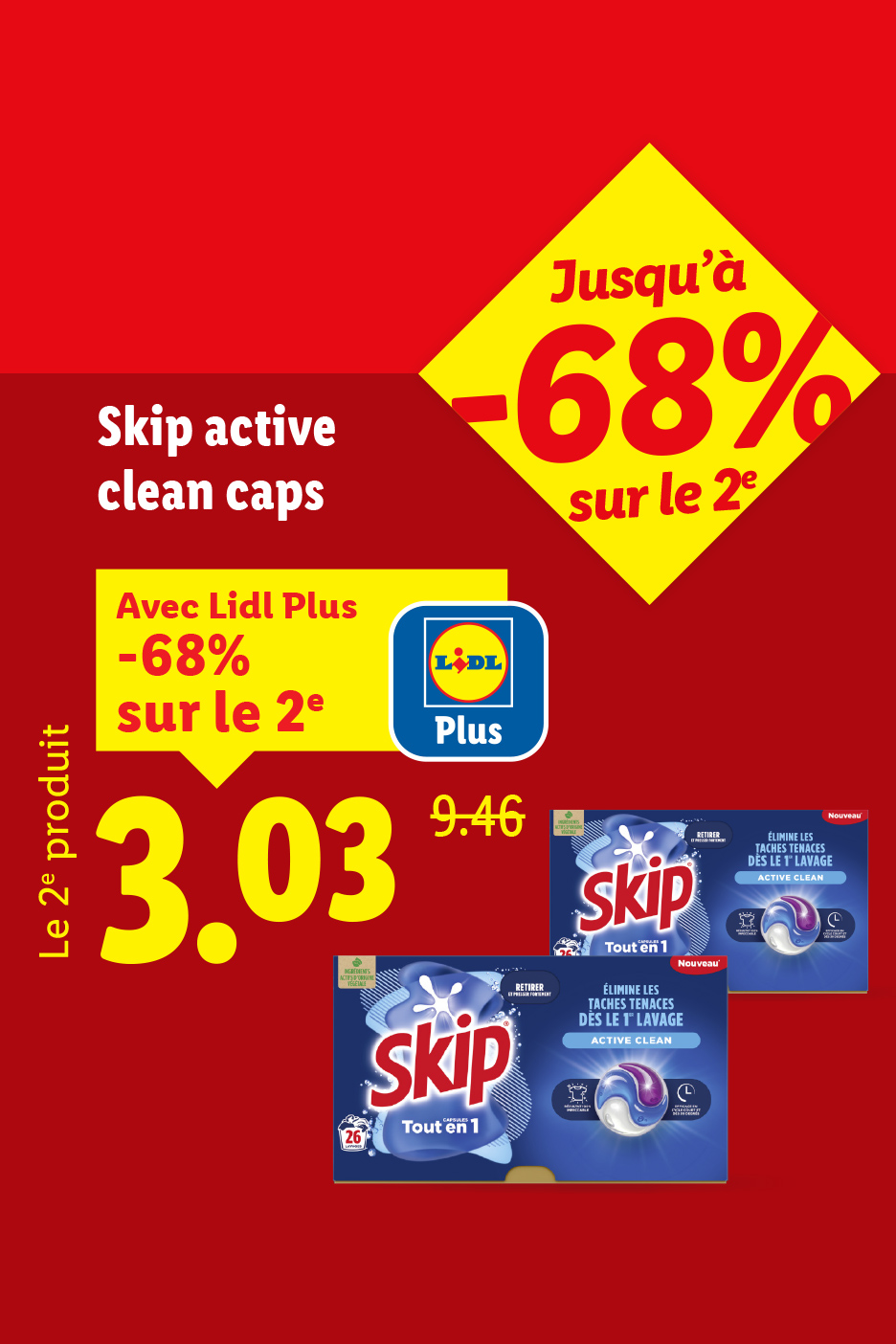 Publicité pour des capsules de lessive avec une réduction de 68% sur le deuxième produit.