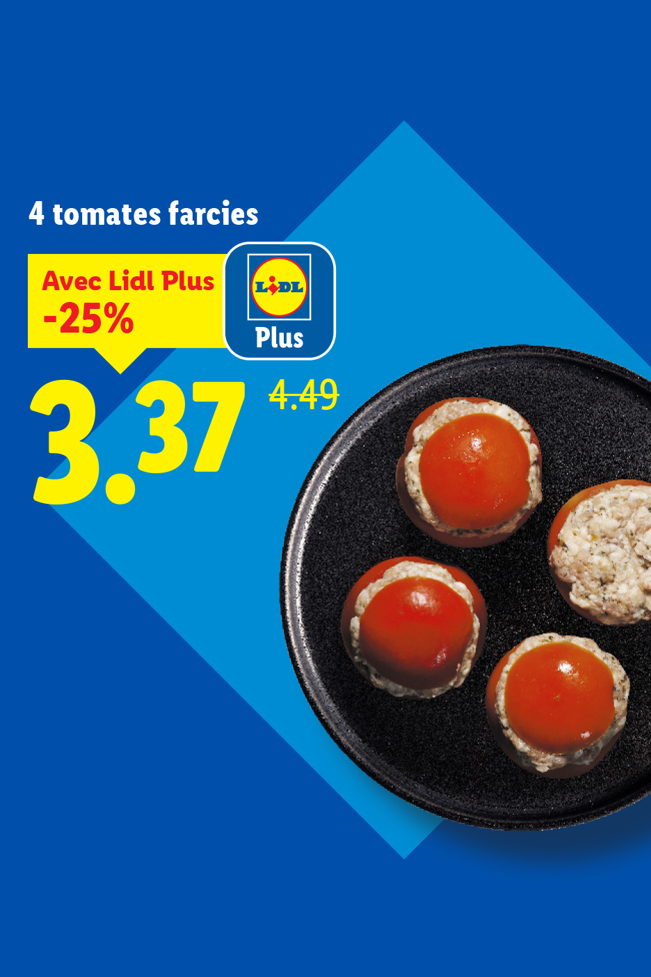 4 tomates farcies sur une poêle noire, avec une offre de réduction de 25%.