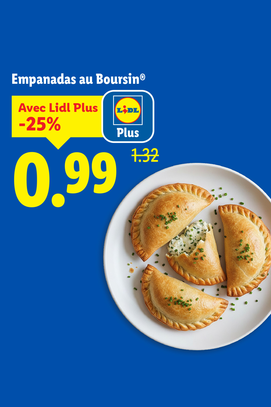 Empanadas au Boursin, avec une réduction de 25% pour les membres Lidl Plus, à 0,99 €.