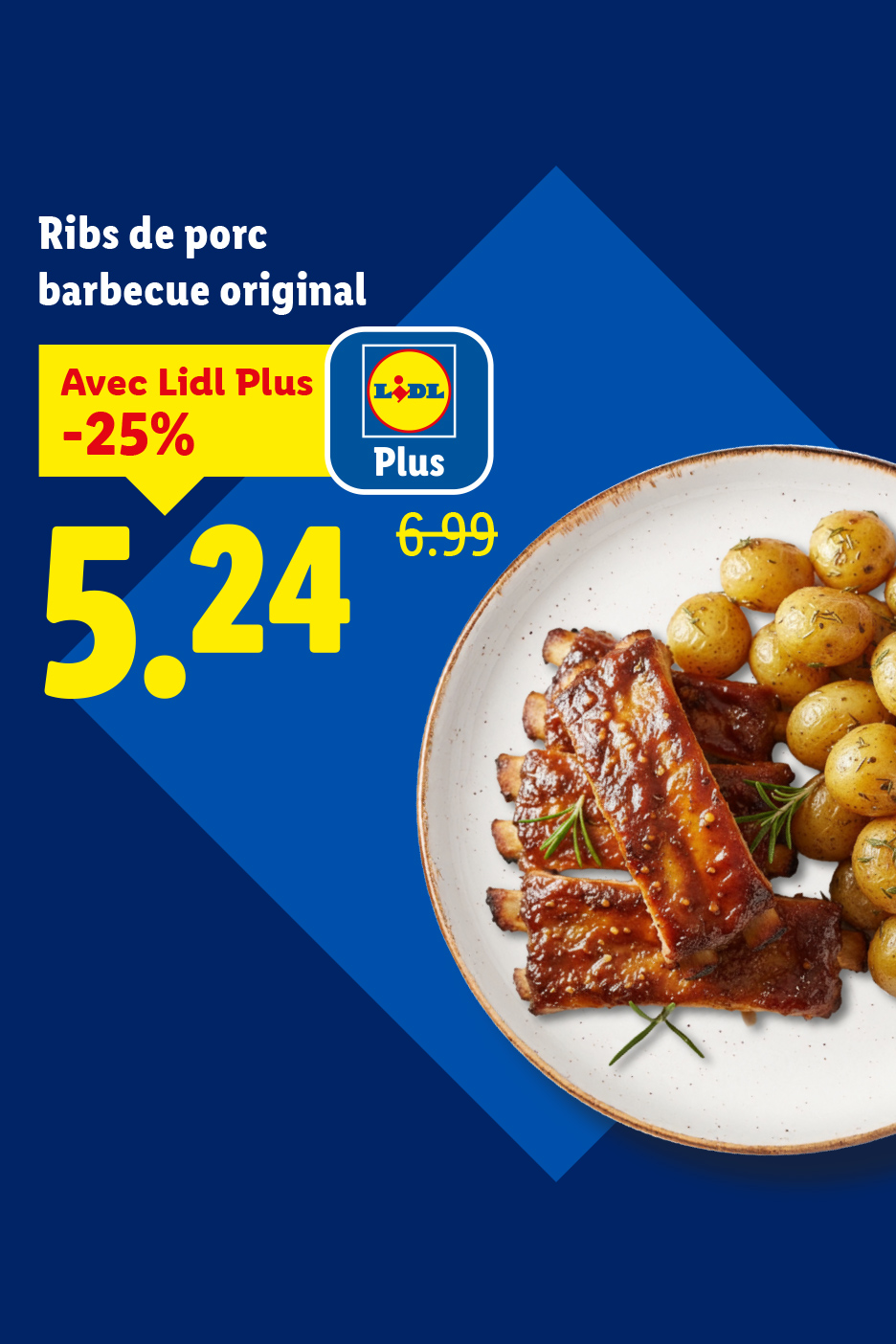 Côtes de porc barbecue avec pommes de terre, offre spéciale Lidl Plus à 5,24€ au lieu de 6,99€.