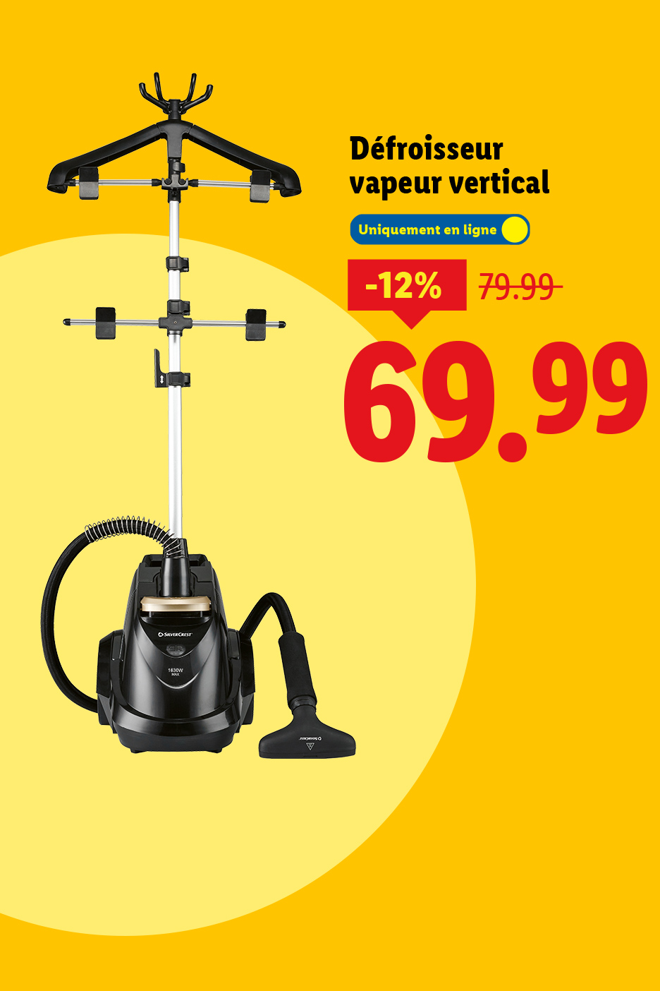 Défroisseur vapeur vertical en promotion à 69.99€, avec une réduction de 12% sur le prix initial de 79.99€.