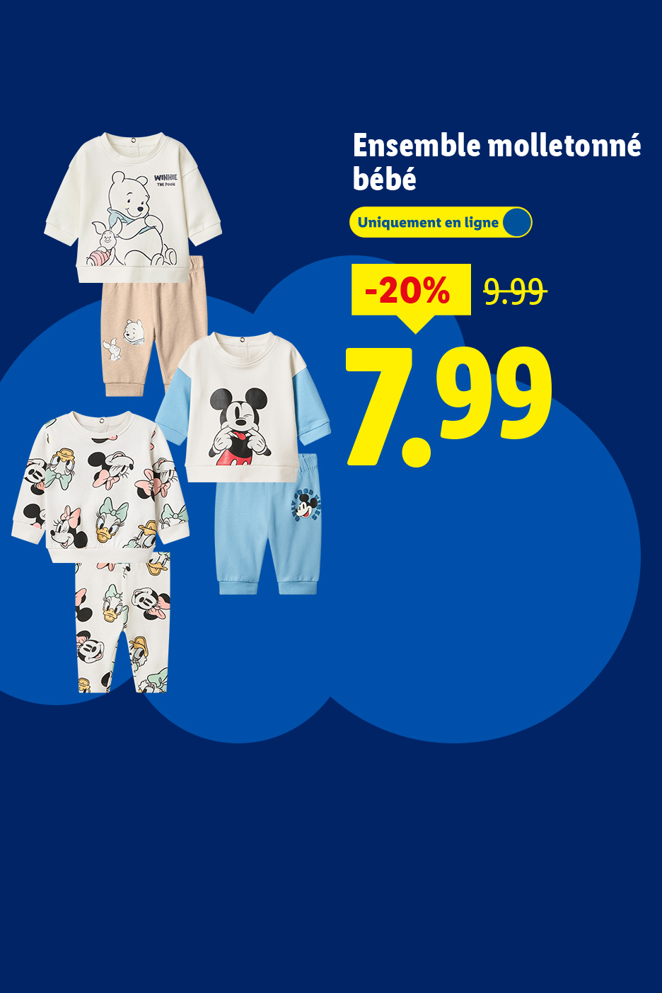 Ensembles molletonnés pour bébé avec motifs de personnages, disponibles en ligne à 7,99€.