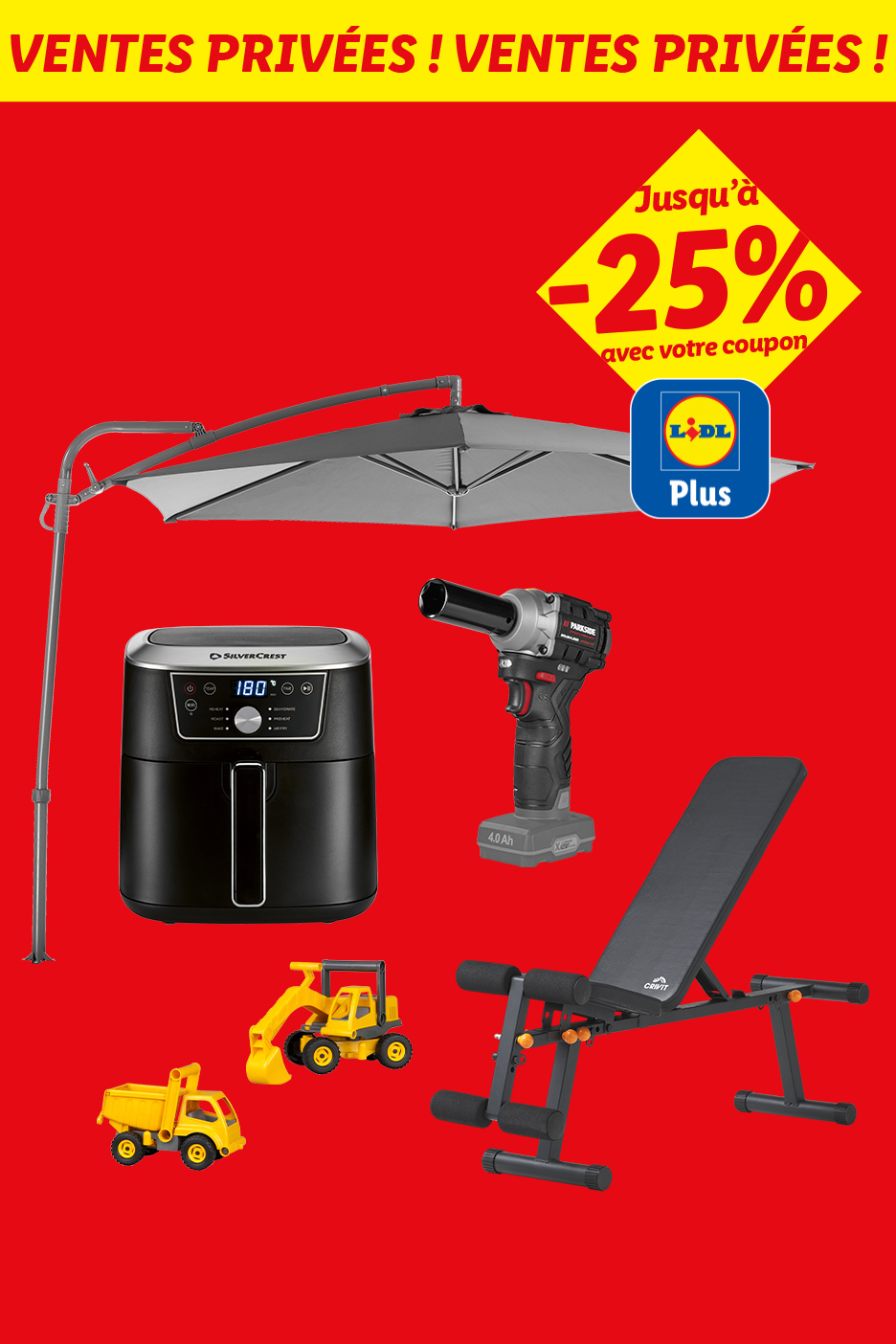 Ventes privées avec jusqu'à -25% de réduction sur un parasol, une friteuse à air, une visseuse à chocs, des jouets et un banc de musculation.