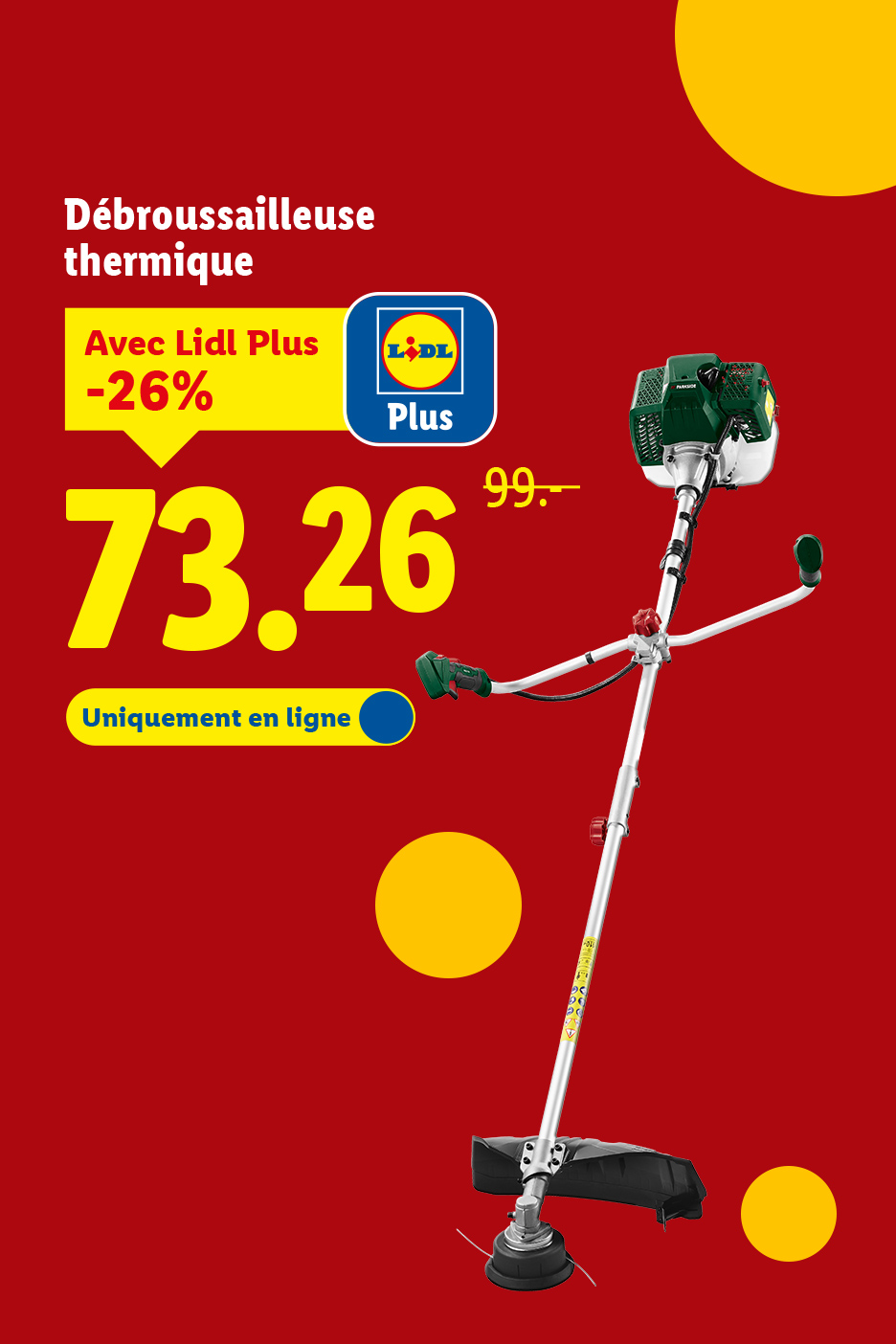 Débroussailleuse thermique Lidl Plus en promotion à 73,26€ au lieu de 99,99€, disponible en ligne.