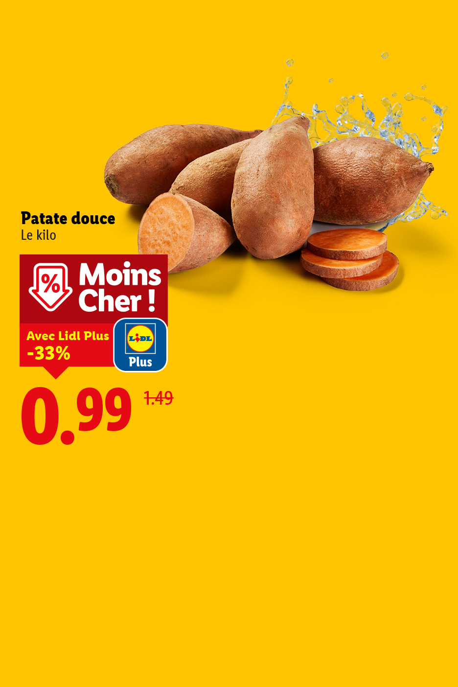 Patates douces en promotion avec Lidl Plus, affichant un prix réduit de 0,99€.