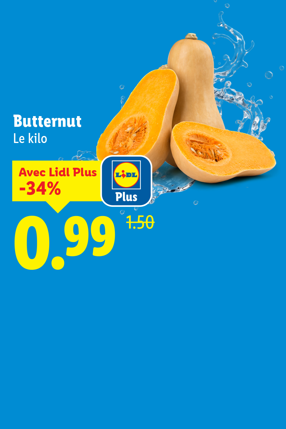 Courge butternut coupée, avec une offre Lidl Plus à 0,99 € le kilo.