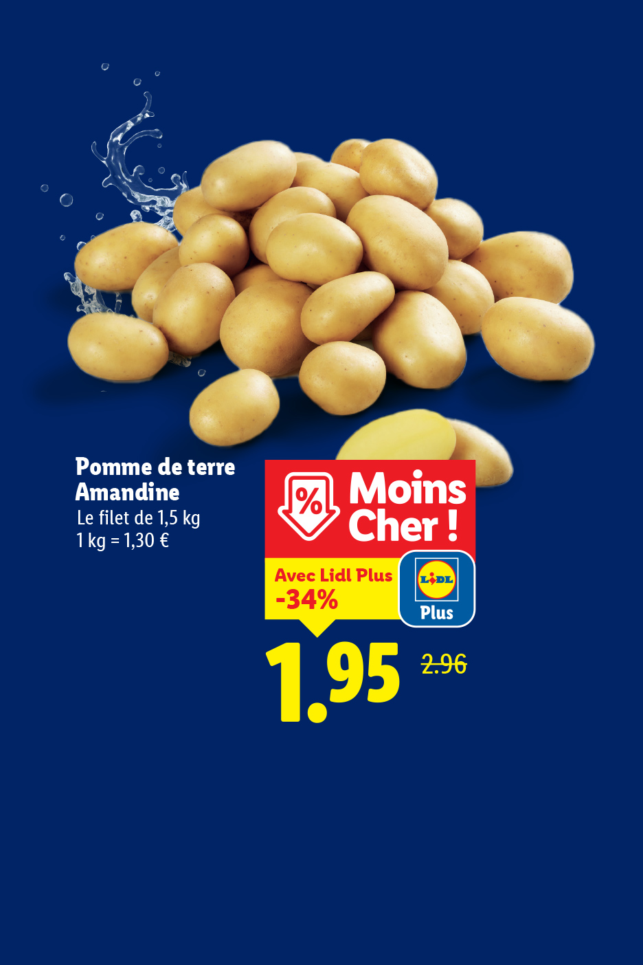 Publicité pour des pommes de terre Amandine de 1,5 kg à 1,95 € avec une réduction de 34 % pour les membres Lidl Plus.
