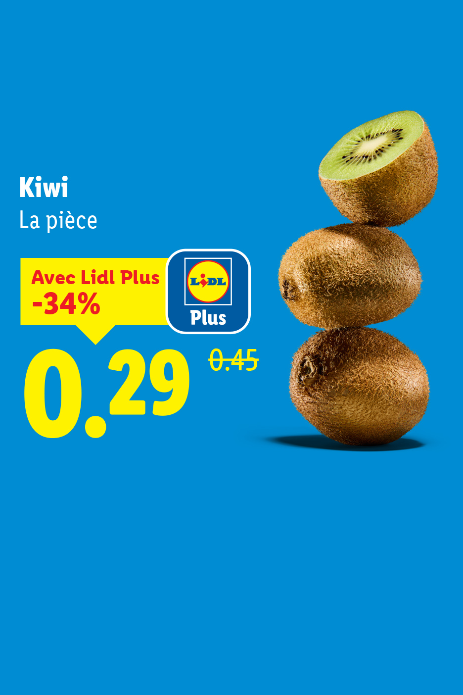 Trois kiwis empilés sur fond bleu, avec une offre promotionnelle.