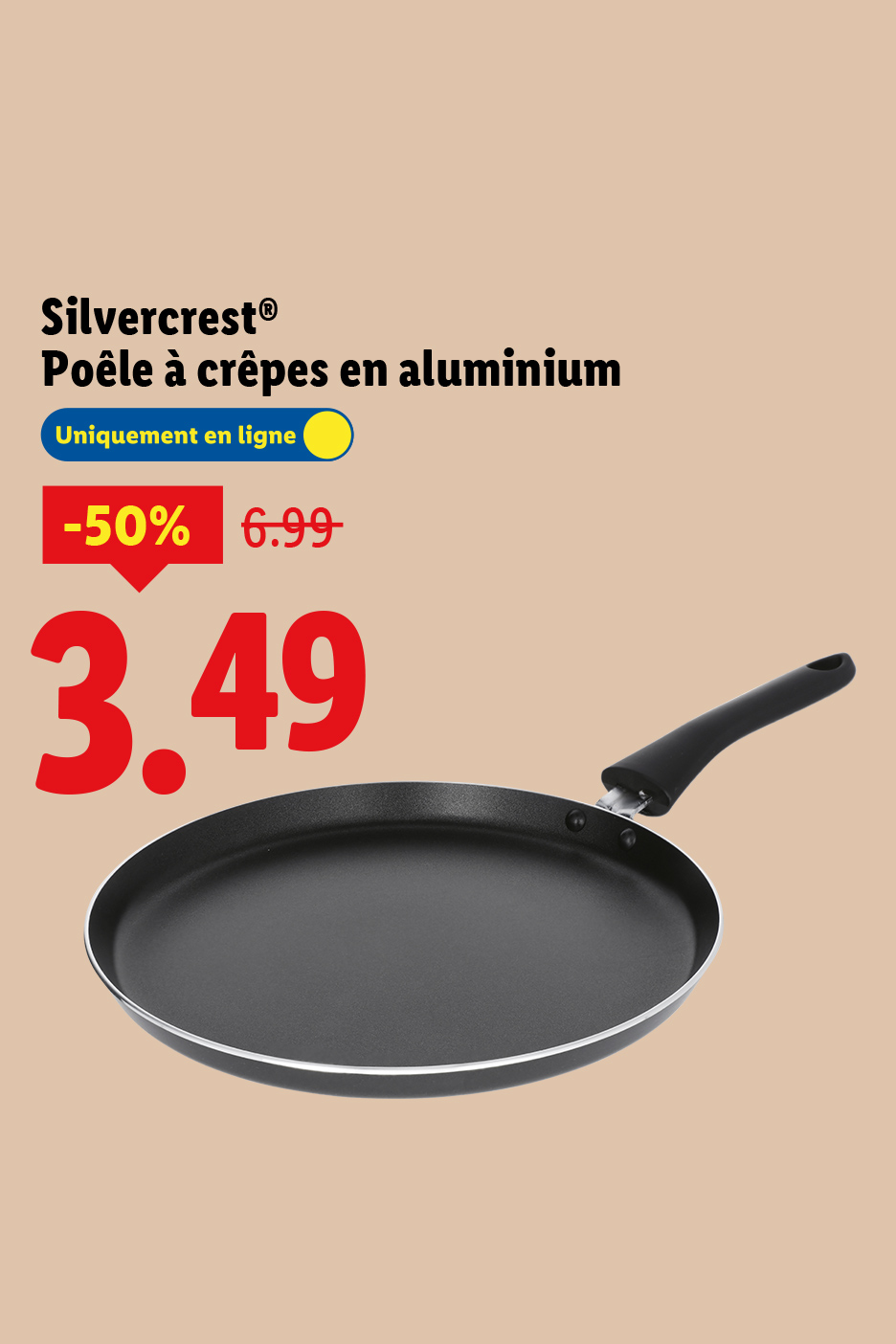 Poêle à crêpes en aluminium Silvercrest, 50% de réduction, prix final 3,49.